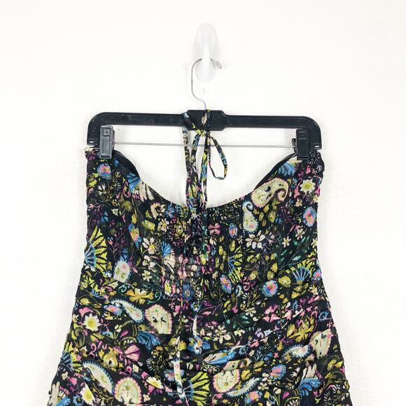 Zara Floral Mini Dress Large Ruched Bodycon Halter Sweetheart Paisley Print - Picture 12 of 14